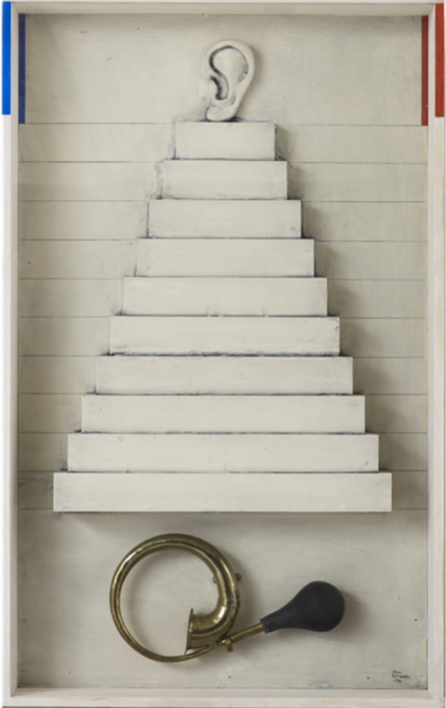 Big Ear, 1971, painted wood and object, 120 x 73 x 12 cm. Kimmo Kaivanto Foundation. Image: Jussi Koivunen