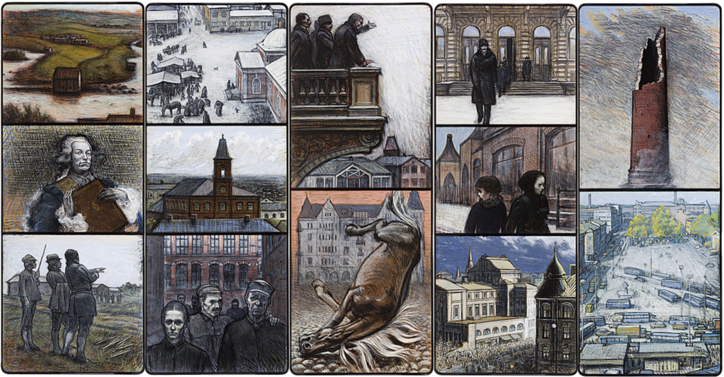 The Square, 1976, 13-piece mixed media wall painting, 220 x 420 cm, Tampere Municipal Offices building, Tampere. Image: Antti Sompinmäki