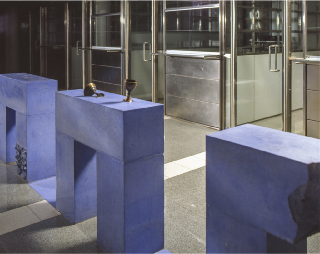 Blue Line, 1990, installation, coloured concrete, bronze objects, stone inlays, length appr. 200 m. Tampere Hall, Tampere. Image: Lasse Koivunen