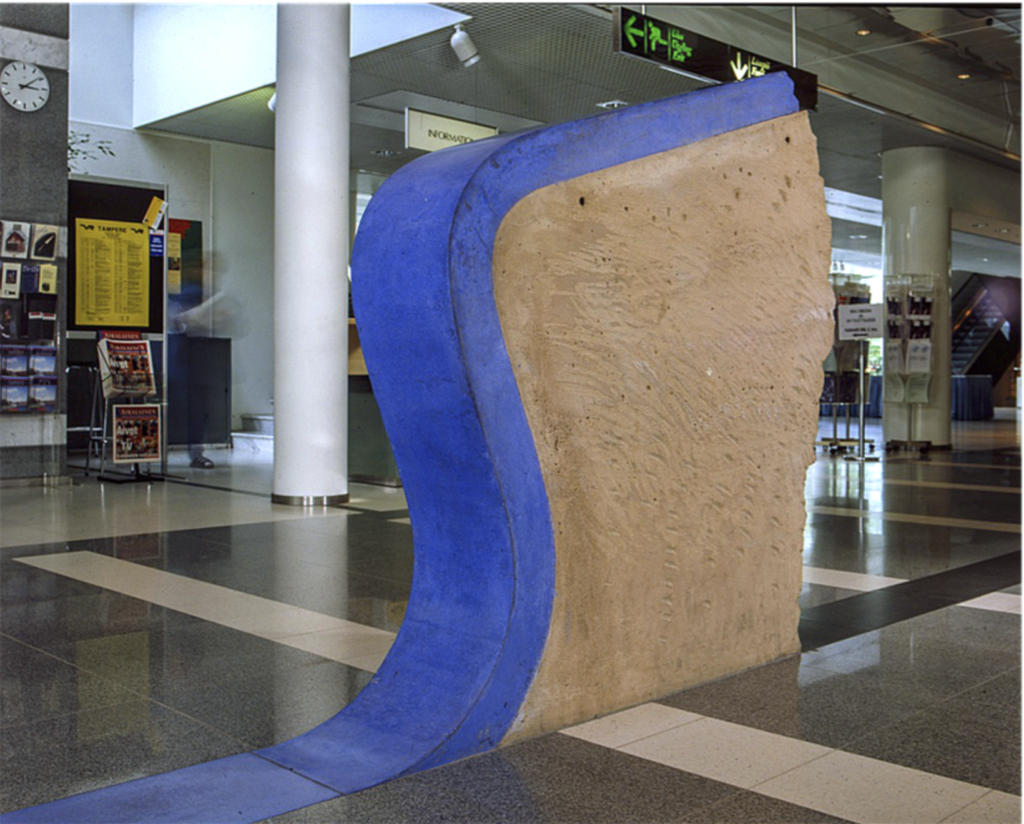 Blue Line, 1990, installation, coloured concrete, bronze objects, stone inlays, length appr. 200 m. Tampere Hall, Tampere. Image: Lasse Koivunen