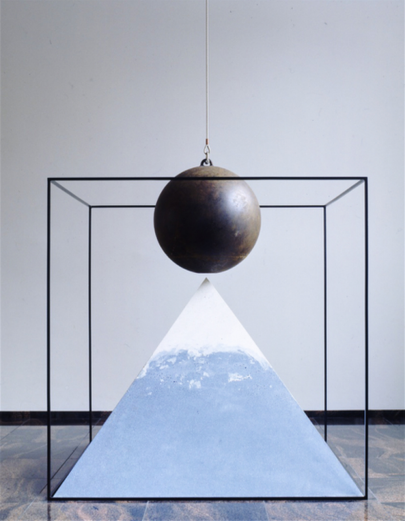 From Time to Time, 1998, coloured concrete, steel, 110 x 110 x 110 cm, diameter of steel ball 45 cm. Lindström Oy head quarters, Helsinki. Image: Lasse Koivunen